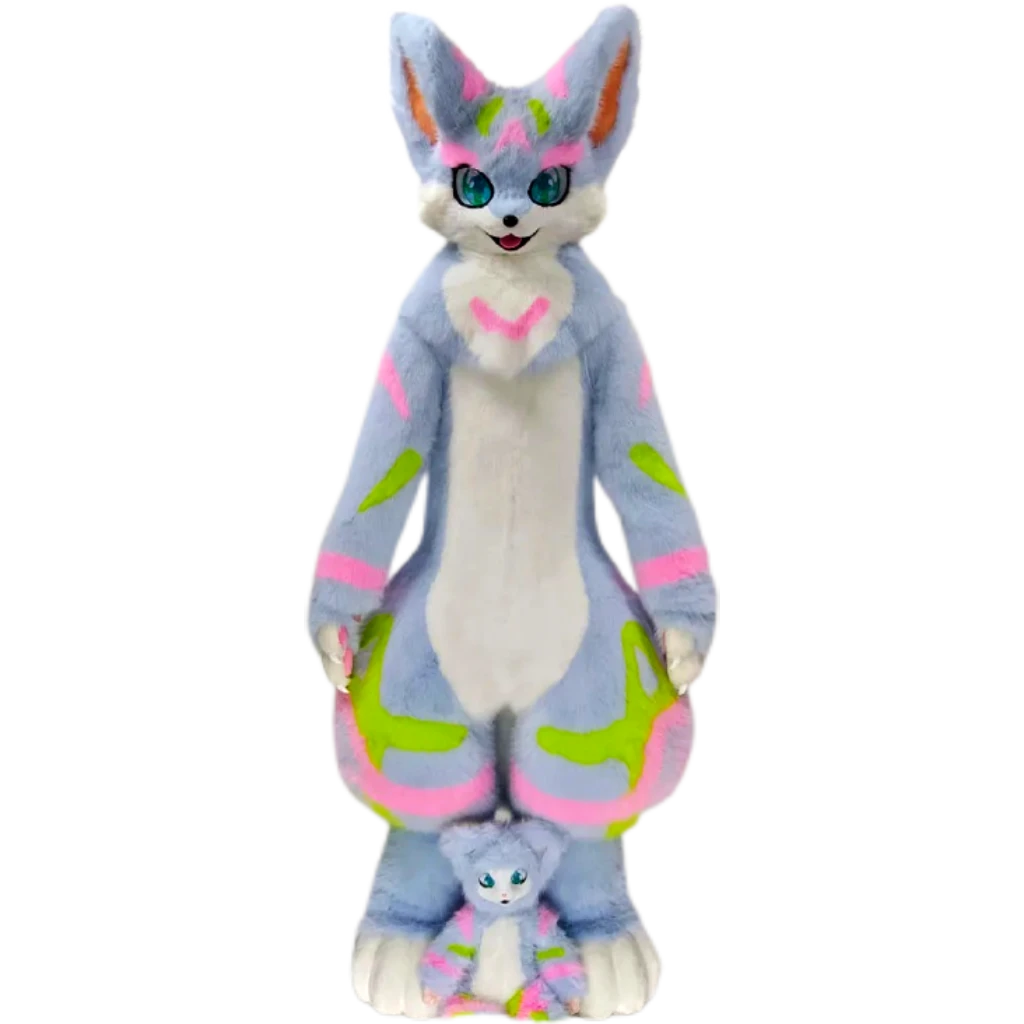 Kemono Fox Full Fursuit – Silver Gray, White, Neon Pink & Lime Green