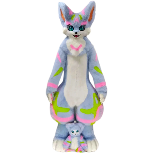 Kemono Fox Full Fursuit – Silver Gray, White, Neon Pink & Lime Green