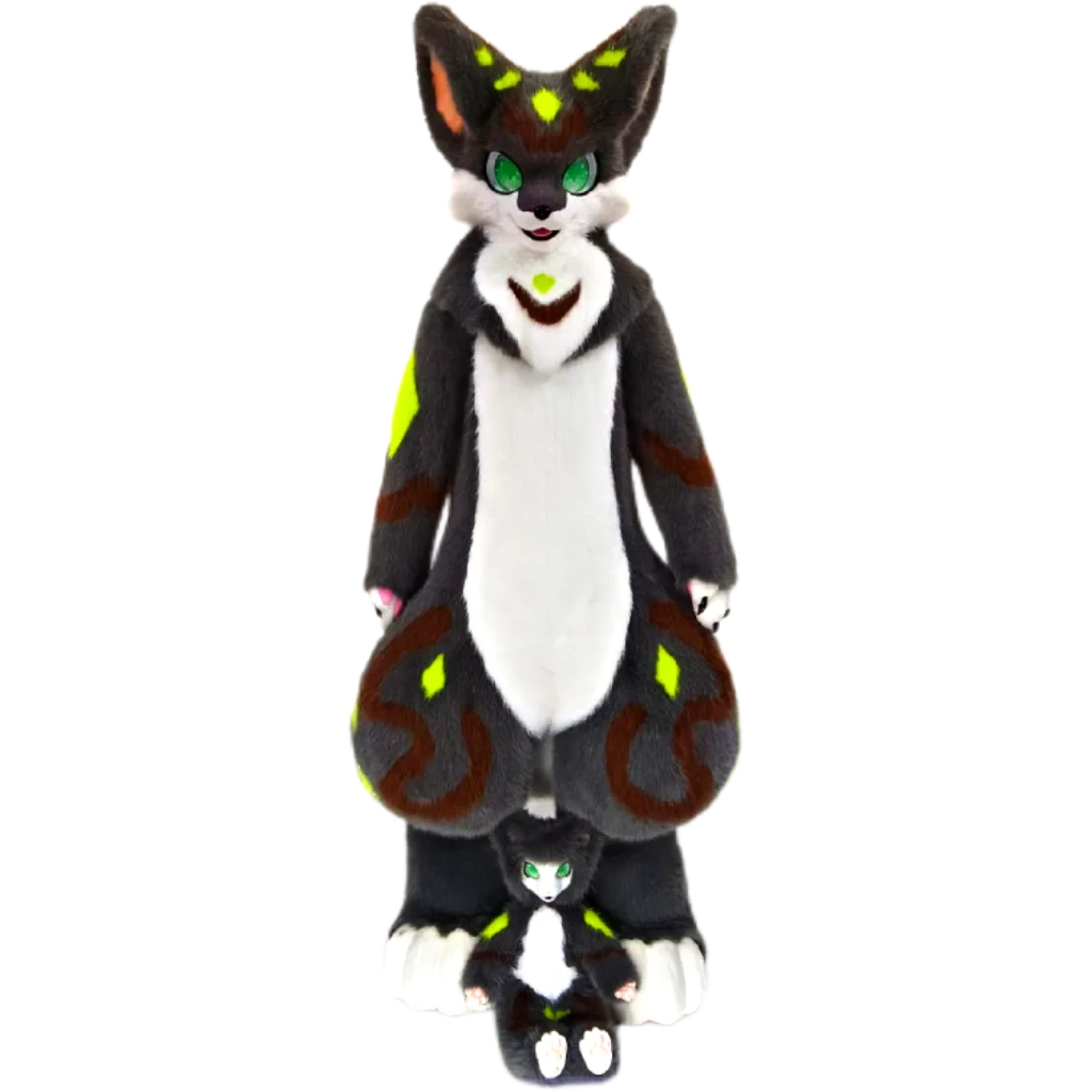 Kemono Fox Full Fursuit – Charcoal Black, White, Neon Lime & Brown