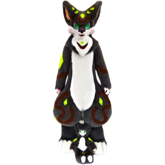 Kemono Fox Full Fursuit – Charcoal Black, White, Neon Lime & Brown