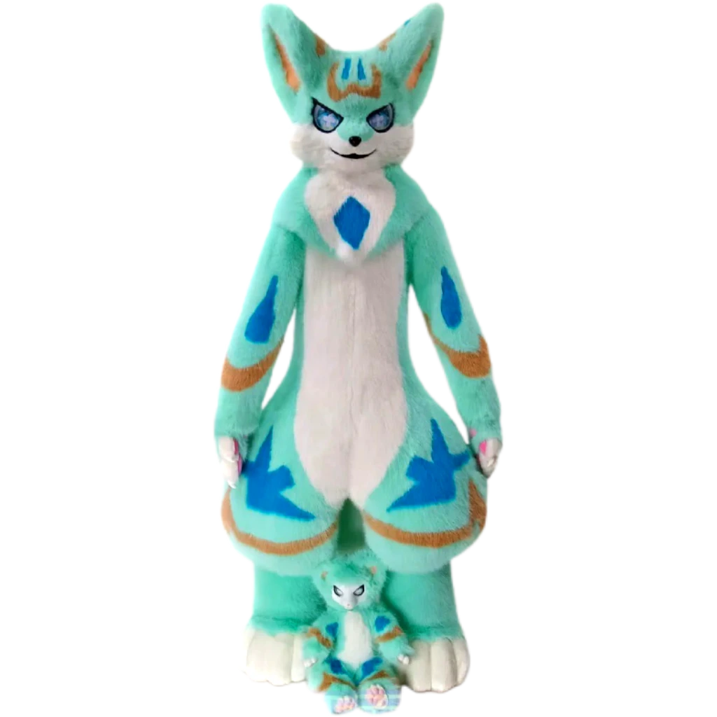 Kemono Fox Full Fursuit – Aqua Turquoise, White, Blue & Warm Brown